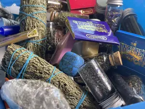 Enchanted Scoops Witchcraft Herbs Crystals and Spell Tools Including Sage Incense Turquoise Stones for Rituals with Crystal-shaped Coffin Charm