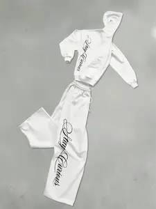 Men's Handwritten Letter Print Hoodie Set, Fleece Lined Hooded Sweatshirt & Drawstring Wide Leg Pants, Soft Cotton Comfort Fit