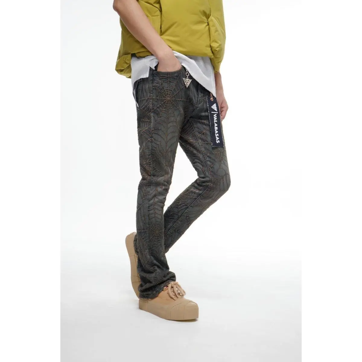 Men's Urban Streetwear Denim Jeans with a Stacked Tapered Fit, All-Over Web Detailing in a Dirty Blue Wash, Menswear, Streetwear Jeans, Operator, Design Jeans