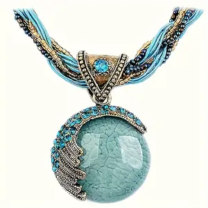 Women Lady Retro Vintage Bohemian Style Twist Woven Rope Chain Turquoise Rhinestone Pendant Collar Necklace Fashion Jewelry
