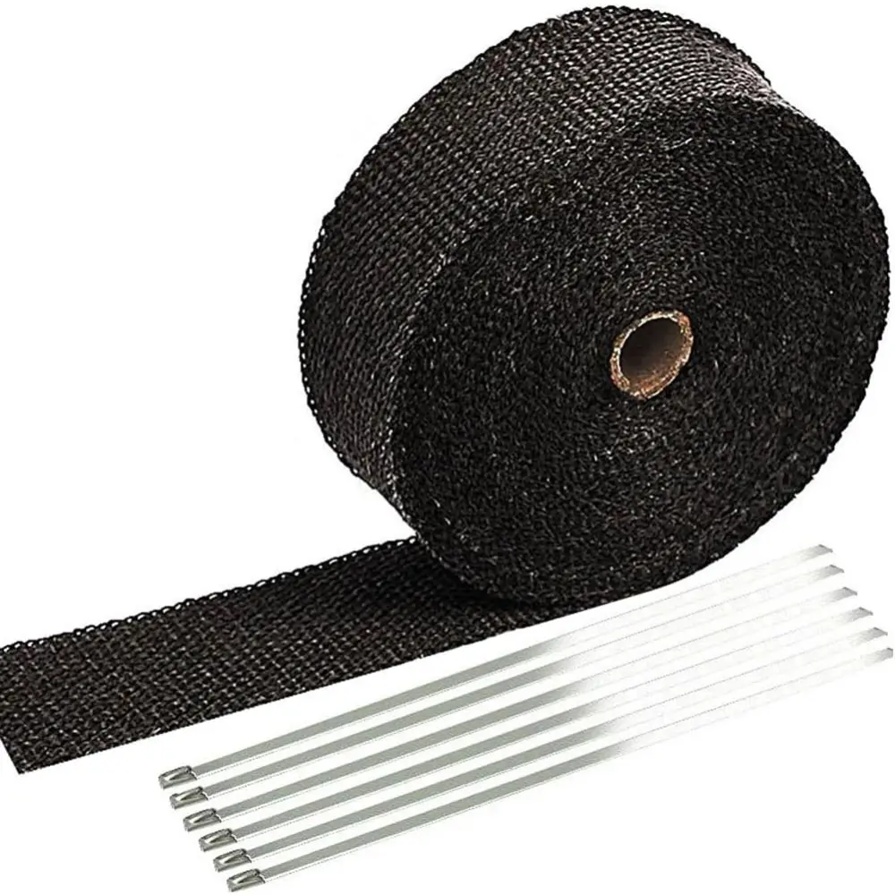 2 in x 50 ft Black Fiberglass Exhaust Heat Wrap Roll for Motorcycles & Cars, Abrasion Resistant Heat Tape with Stainless Steel Ties