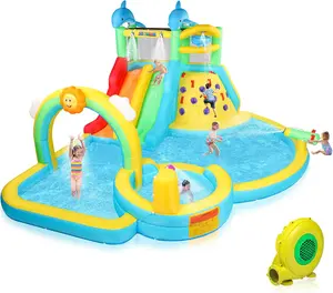 (2025 New) JOYMOR Inflatable Water Slide Bounce House w/Water Bucket, Climbing Wall, Pool, Rainbow Sprinklers, 1min Blow Up Water Slide 10-in-1 for Kids w/Strong Blower, Carrying Bag