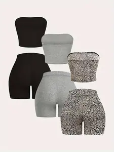Women's Solid Crop Tank Top & Zebra Stripe Print Shorts & Leopard Print Shorts Set, Casual Fashion Cozy Three-piece for Daily Outdoor Wear, Ladies Clothes for Summer, Suits