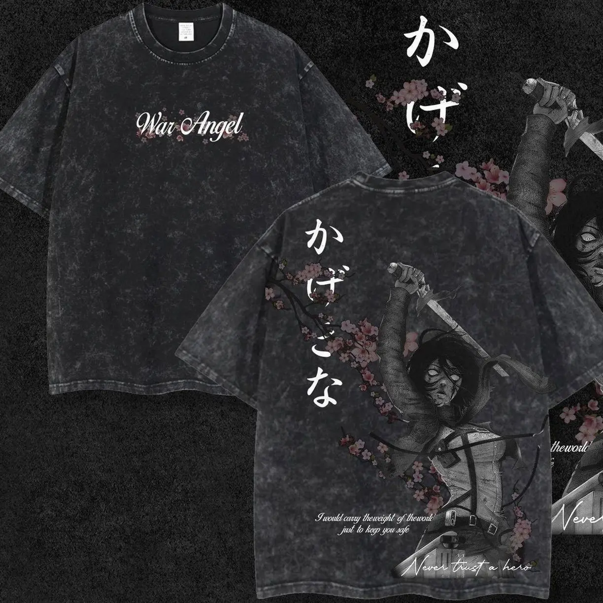 Men's WAR ANGEL Attack on Titan Mikasa Classic Round Neck Short-Sleeve Menswear T-Shirt - Retro Limited Double-Printed Oversized Lightweight Acid-Washed Cotton Seamless Anime Apparel, Gift for Anime Fans 426 1DB