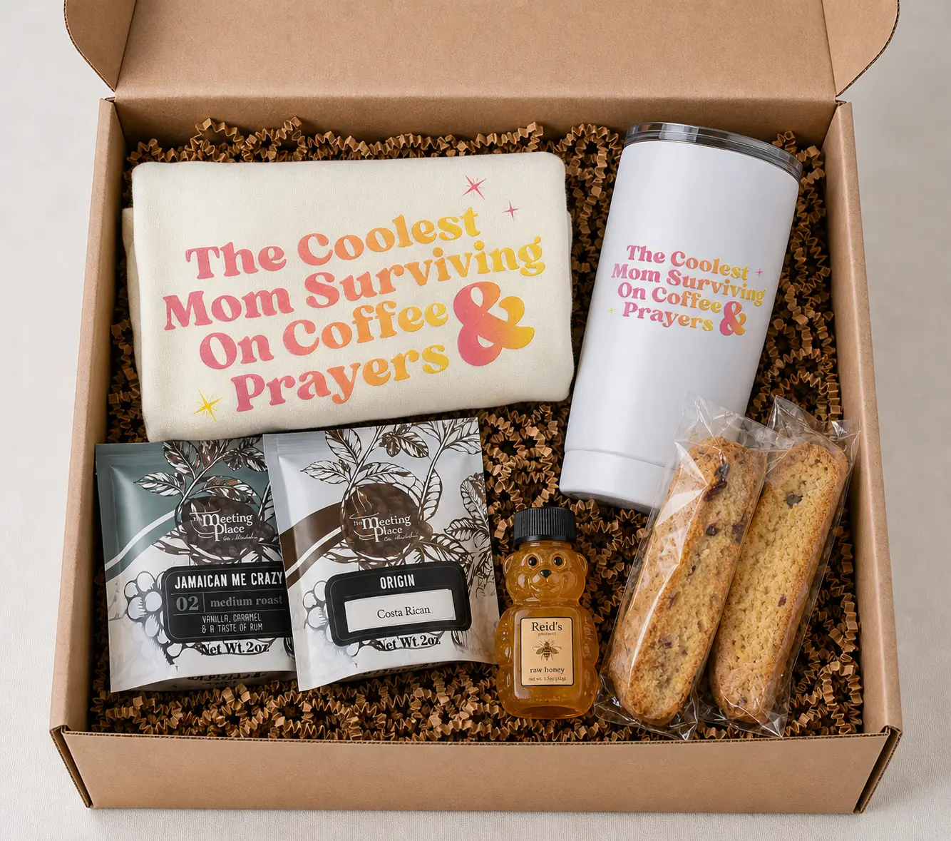 Coffee and Prayers Gift Basket: T-shirt, Tumbler, Coffee, and Biscotti
