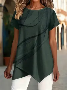 Spring Summer Fashion New Arrival Womenswear Plus Size Round Neck Art Line Pattern Print, Simple Comfortable Casual Women's Short Sleeve Asymmetrical Hem T-Shirt Top