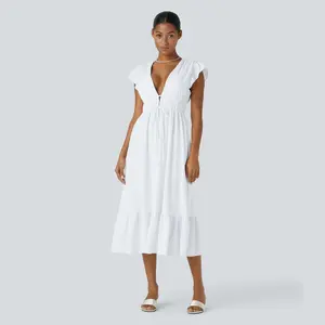 Halara Breezeful Deep V Neck Butterfly Sleeve Backless Knot Side Pocket Ruffle Hem Midi Quick Dry Bridesmaid and Wedding Guest Dress