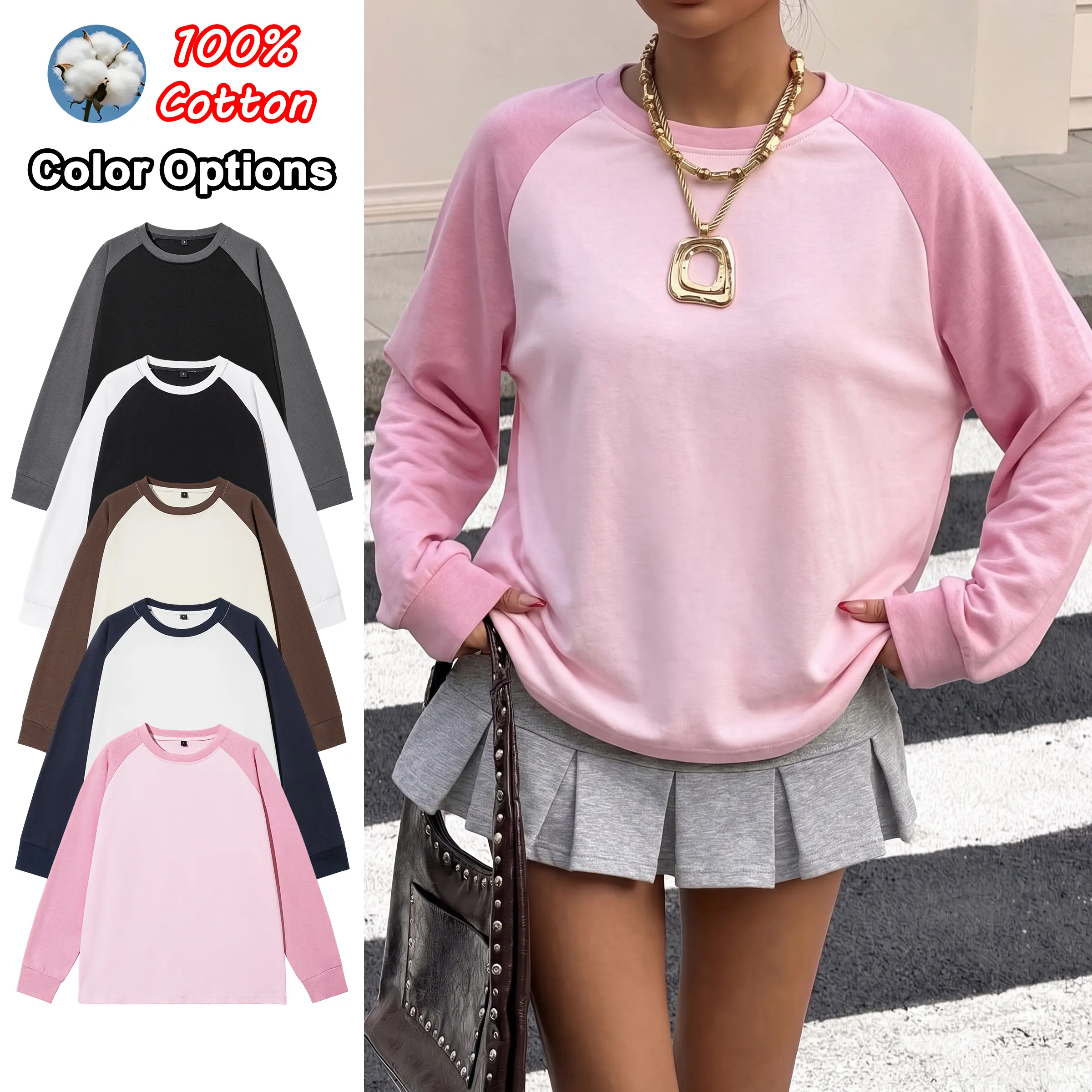 Unisex 100% cotton color-block loose sweatshirt, available in 1-, 2-, or 3-pack couples’ styles; casual lightweight sports top with a crew neck, suitable for all seasons and ideal for everyday wear and outings.