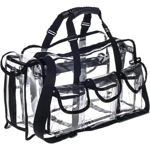 Clear PVC Makeup Organizer Set, Transparent Travel Bag with 6 External Pockets and Tissue Holder for MUA and Artists