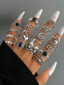 Punk Style Flower & Heart Decorated Stacking Ring Set, Stackable Adjustable Rings, Fashion Accessories for Women & Men, Trendy All-match & Exquisite Jewelry for Birthday Gift, Heart Design Ring