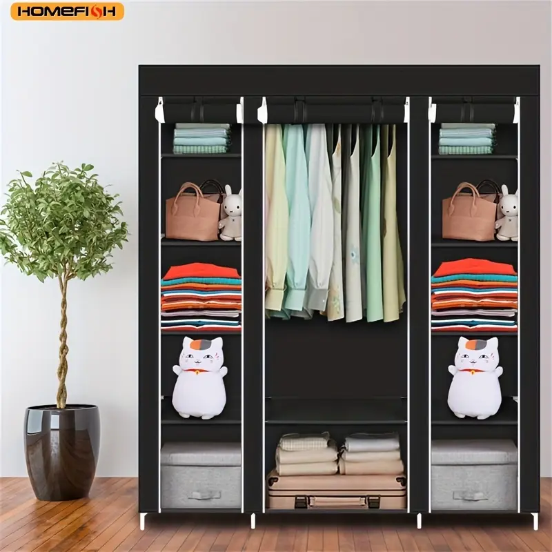 69" Portable Modern Clothing Storage Wardrobe Armoire, Non-Woven Fabric Closet Organizer, Quick & Easy Assembly, Extra Strong & Durable Black Indoor Furniture