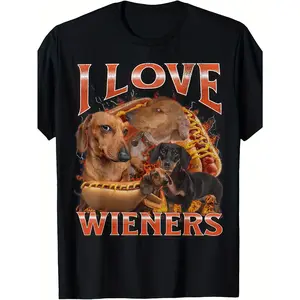 Funny Dachshund T-Shirt - I Love Wieners Sausage Dog Pun Design with Dachshund Hot Dog Costume Print, Casual Round Neck Tee for Parties, BBQ & Casual Attire - Machine Washable Black Shirt for Dachshund Lovers