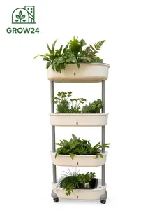 Grow24 Indoor Vertical Garden, 4-Tier Semi-Hydroponic Growing System with Wheels with Size: 64 X 26 X 12 Inches, Self Watering, Easy Care Planter, White Color