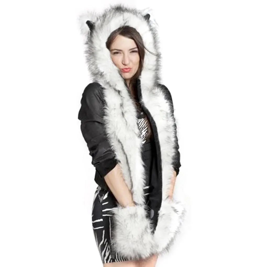 Women's Winter Faux Fur Animal Hat Set - Hooded Scarf, Furry Ears, Paw Gloves, Pocket Hoodie Beanie Cap, Halloween Party Costume Accessories