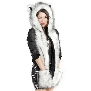 Winter Animal Hat Faux Fur Hooded Scarf Cute Furry Ears Paw Gloves Pocket Hoodie Beanie Cap Party Costume for Women Girls