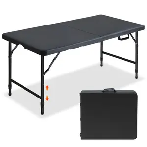 4-Height Adjustable Folding Table with Gravity Lock & Carry Handle - Portable Indoor Outdoor Picnic Dining Desk