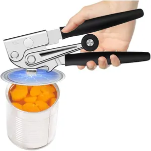 Commercial Heavy-Duty Manual Can Opener with Easy-Turn Crank, Long Rubber Handle & Magnetic Lid Holder