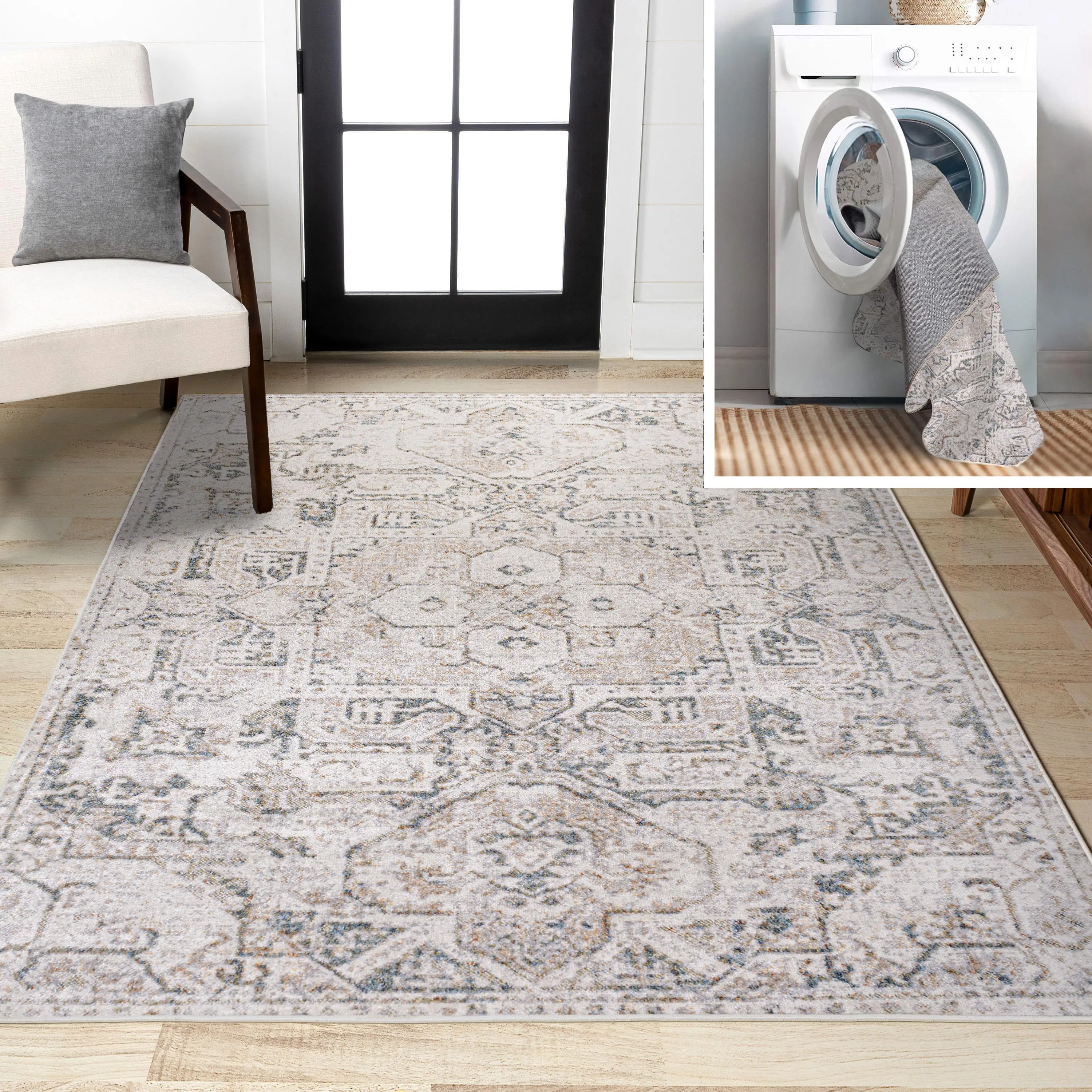 JONATHAN Y Edith Distressed Medallion Low-Pile Polyester Power-Loomed 1-Piece Rectangle Indoor Area Rug - Machine-Washable Home Decor Rug for Living Room, Bedroom, Available in Multiple Colors