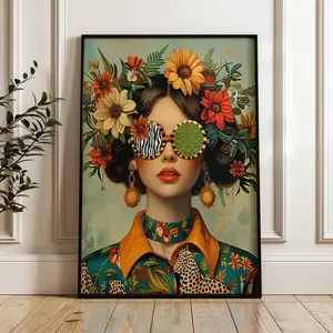 [sale off up to 40%] [Frame Canvas] Boho Woman Floral Portrait Wall Art, Framed Canvas Print, Funky Sunglasses, Retro Fashion, Eclectic Pop Art, Large Wall Decor