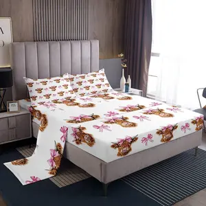 Cute Highland Cow Sheet Set Pink Bowknot Bed Sheets for Kids Adult Boys Girls Farm Animal Bed Set White Pink Sheets ,