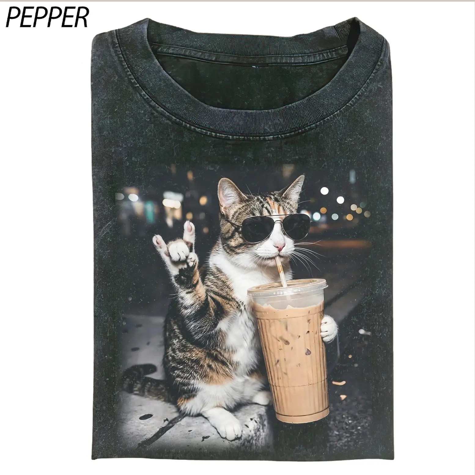 Cool Calico Cat Iced Coffee Shirt, Funny Aesthetic Cat Meme Tee, Coffee Lover Graphic T-Shirt, Chill Cat Streetwear Shirt, Cute Gift for Cat Lovers Womenswear Top Crewneck