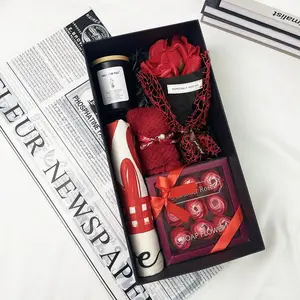Romantic Rose Gift Box, 9 Counts Artificial Rose Flower Gift Box with Bear & Candle & Tissue, Gift Set for Birthday Anniversary Wedding, Halloween