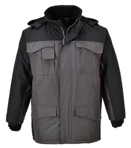 Portwest US562 Medium Ripstop Parka Jacket, Black & Grey - Regular, Fleece, Menswear