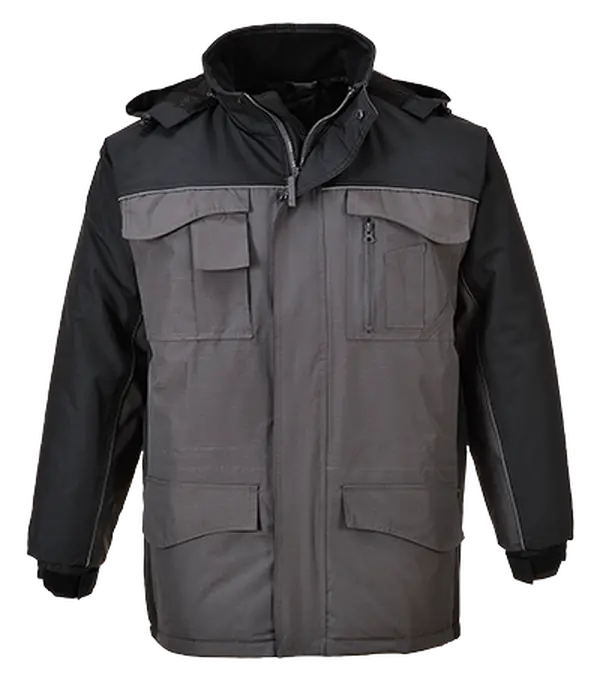 Portwest US562 Men's Regular Ripstop Parka Jacket - Black & Grey, Fleece-Lined, Waterproof, Reflective, Hook and Loop Closure, Includes 1 Pen, Coats Category