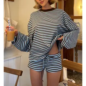 Women's Loungewear Set Soft Polyester Blend Long Sleeve Crop Top And Shorts Comfy Sleepwear