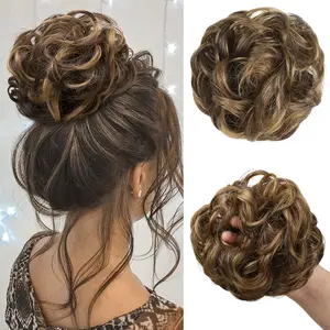 Large Messy Bun Hair Piece Wavy Curly Scrunchies Synthetic Chignon Ponytail Hair Extensions Thick Updo Hairpieces for Women Dark Brown/Golden Blonde