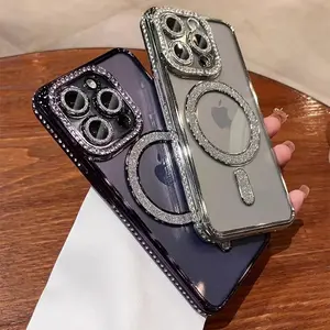 Luxury Bling Magnetic Compatible with iPhone iPhone 15 14 13 12 11 Pro Max 14 15 Plus Glitter Case Cute Soft Clear Rhinestone Diamond Compatible with MagSafe Camera Lens Protection Cases for Women