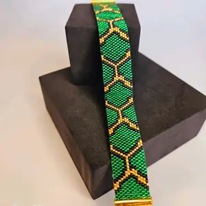 Green and Gold Handmade Snake Pattern Flat Beaded Bracelet - Unique Jewelry
