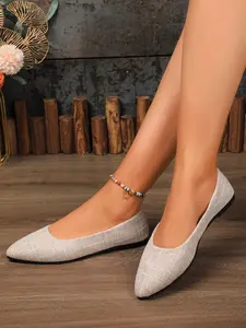 Women's Breathable Knitted Fabric Pointed Flat Shoes, Comfortable Soft Sole Casual Sneakers, Plain PU Leather Upper, Daily Commute Footwear