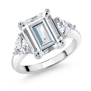 Gem Stone King 6-8 Cttw 3-Stone Ring For Women | 925 Sterling Silver | Gemstone Birthstone and White Moissanite | Emerald Cut 12X10MM | Trillion 5X5MM | Wedding Anniversary Promise Ring
