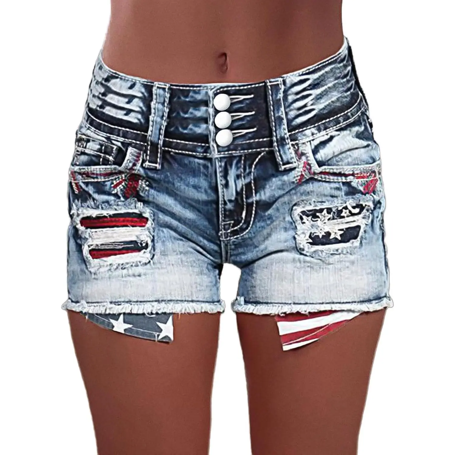 Flamingo pattern distressed denim shorts, women's style, high-waisted design, featuring American flag buttons, raw edge denim shorts