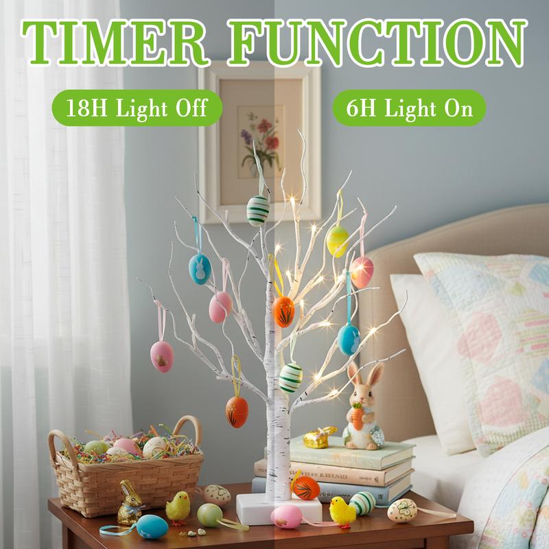 EAMBRITE Easter Decorations Lighted White Birch Tree with 18x2 Eggs Ornaments, 24 LED Lights, Battery Powered Timer, Tabletop Centerpiece for Spring Home Decor, 2 Pack