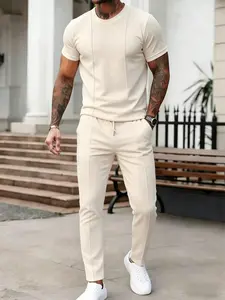 Men's Casual Plain Solid Color Two-Piece Set with Coordinated Crew Neck Top and Comfortable Pants, Perfect for Everyday Wear