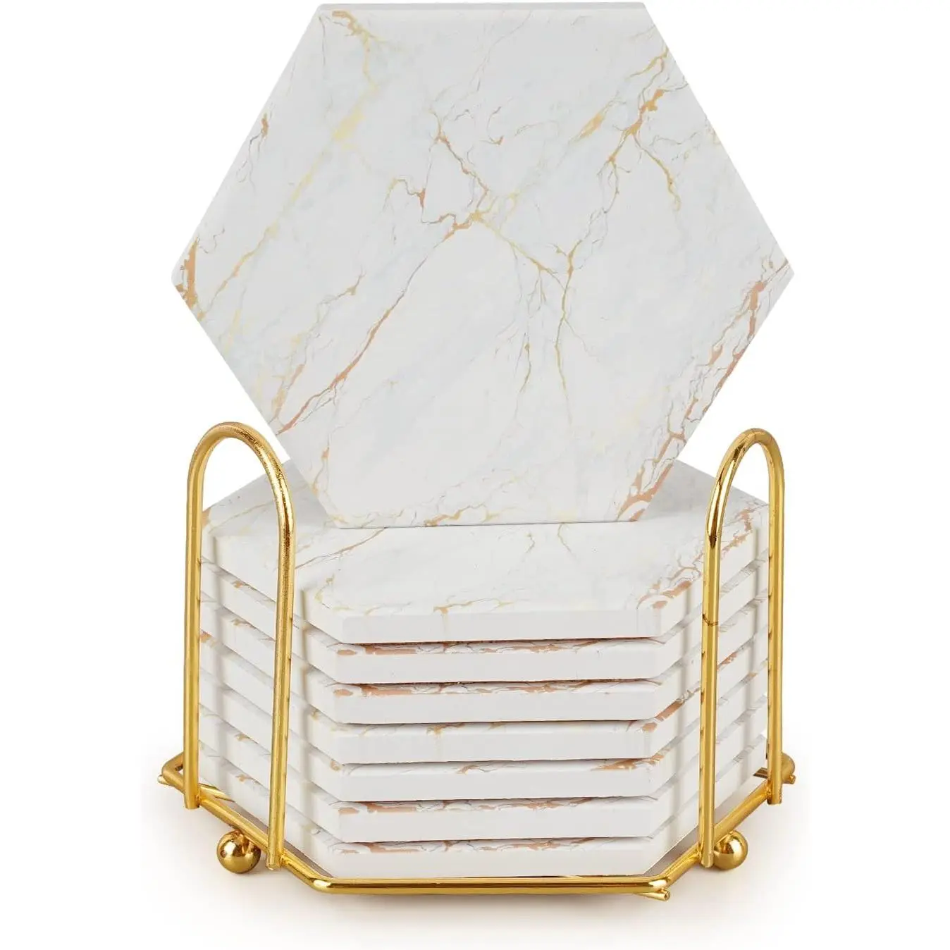 Coasters for Drinks with Holder, Absorbent Marble Coaster Set of 8, Ceramic White and Gold Coasters for Coffee Table,Housewarming Gift,Tabletop Protection, Home Decor