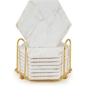 Coasters for Drinks with Holder, Absorbent Marble Coaster Set of 8, Ceramic White and Gold Coasters for Coffee Table,Housewarming Gift,Tabletop Protection, Home Decor