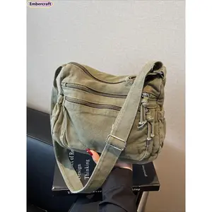 Vintage Washed Denim Crossbody Messenger Bag for Women, Y2K Streetwear Utility Shoulder Style, Multi-Zipper Pockets, Adjustable Strap, Durable Lightweight for Work & Travel, Fashion Trend, Crossbody Bags For Women