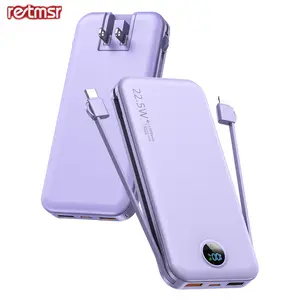 RETMSR Portable Charger with Built-in Cables and AC Wall Plug 12000mAh Ultra Slim Power Bank with LED Display,phone accessories,portable charger, Fast Charging Battery Pack for iPhone 15/14/13 Samsung iPad USB Type-C Digital Display Compact Purple