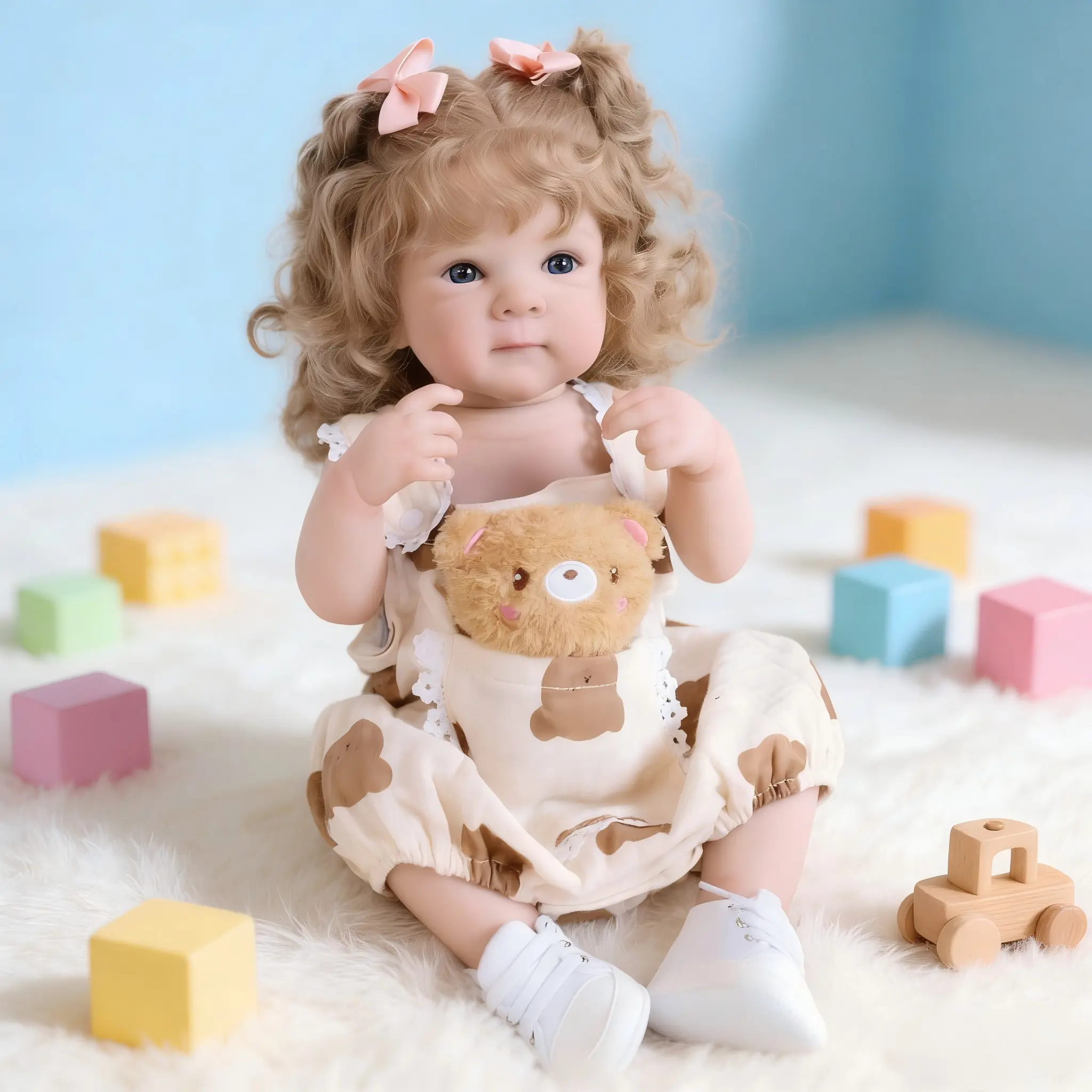 18in Lifelike Anatomically Correct Bettie Reborn Baby Doll - Rooted Brown Curly Hair, Bright Blue Eyes, BPA-Free Magnetic Pacifier, Complete Baby Doll Accessories Kit, Realistic Toy for Kids 3+ Birthday Gift