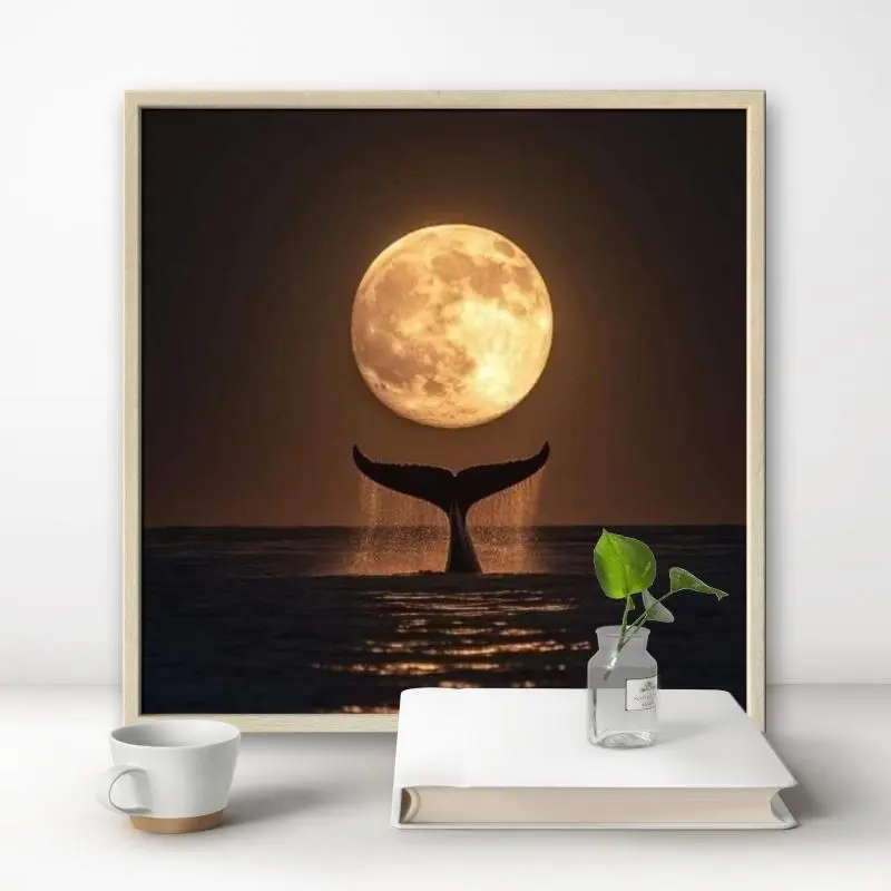 Whale Tail & Moon Pattern DIY Diamond Arts Colorful Painting Kit, 1 Set Art Painting without Frame for Beginners, DIY Wall Art Decor, Diamond Art Tools