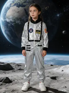 Silver Color Astronaut Costume for Girls, Space Theme Onesie, Kindergarten Aerospace Day Performance, Rocket/planet Badge, Straps