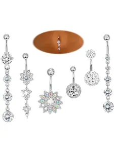 6PCS 14G Stainless Steel Belly Button Rings Navel Body Jewelry Belly Piercing CZ Inlaid High Quality Jewelry