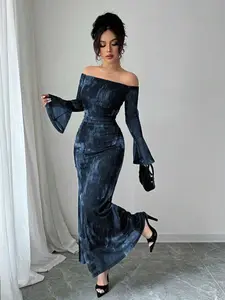 Women's Off-Shoulder Flare Sleeve Tie-Dye Fashion Mesh Print Ruched Mermaid Bodycon Dress, Autumn Wedding Guest Dress