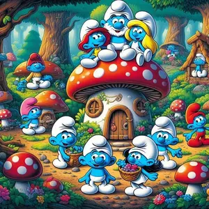 5D DIY Full Drill Round Diamond Painting - Diamond Art Painting Kit Smurfs, Mushroom House, Forest Mosaic, Canvas - DIY Wall Decor, Home Wall Decoration, Suitable for Halloween and Christmas, Birthday and Anniversary Gifts