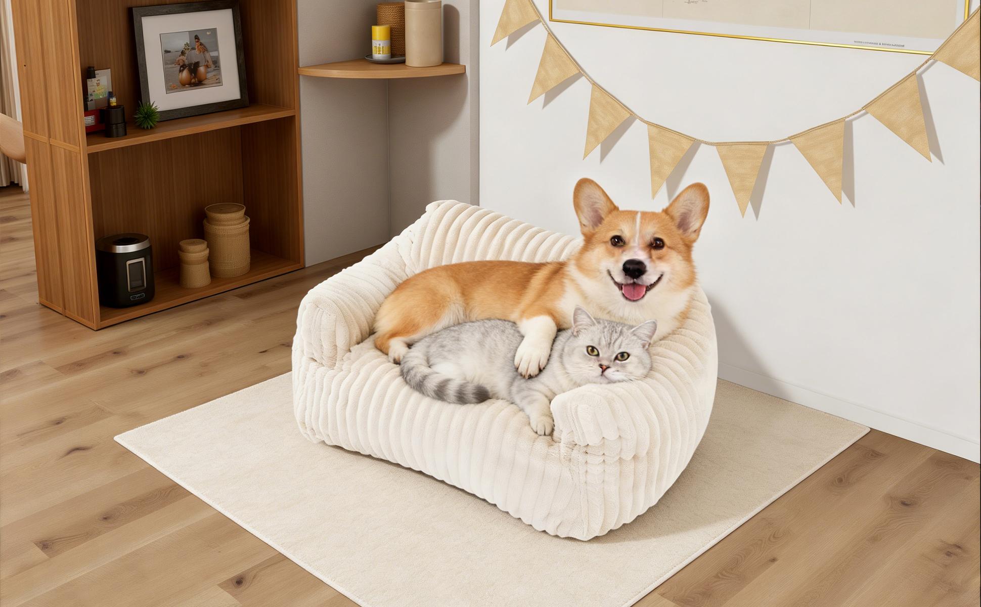 LIKIMIO Pet Couch Bed 24 & 30 Inch - Corduroy Fluffy Sofa for Cats & Small/Medium Dogs, Removable Washable Cover, Supportive Indoor Pet Furniture