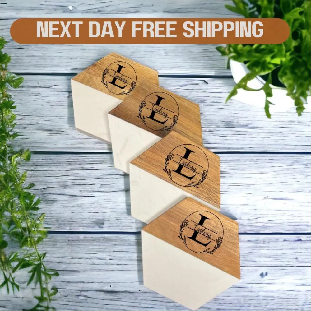 Stylish Engraved Wooden & White Ceramic Coaster Set (4-Piece Tableware) - Personalized Gift for Housewarming, Anniversary