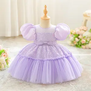 6M-3Y Light Purple 3053 Anniversary Baby Girls Clothes Infant Puff Sleeve Bow Sequins Mesh Ball Gown Birthday Cocktail Dress Toddler Pageant Newborn Ball Gown Princess Baptism Frock